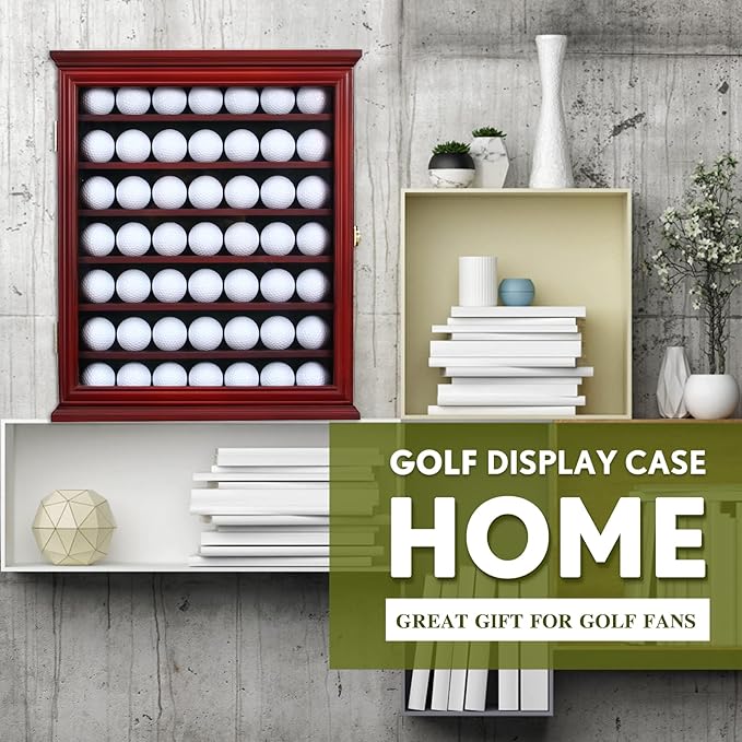 7-Shelf Golf Ball Display Case in Solid Pine Wood with UV Protection and Lockable Glass Door for Organizing and Showcasing Golf Memorabilia