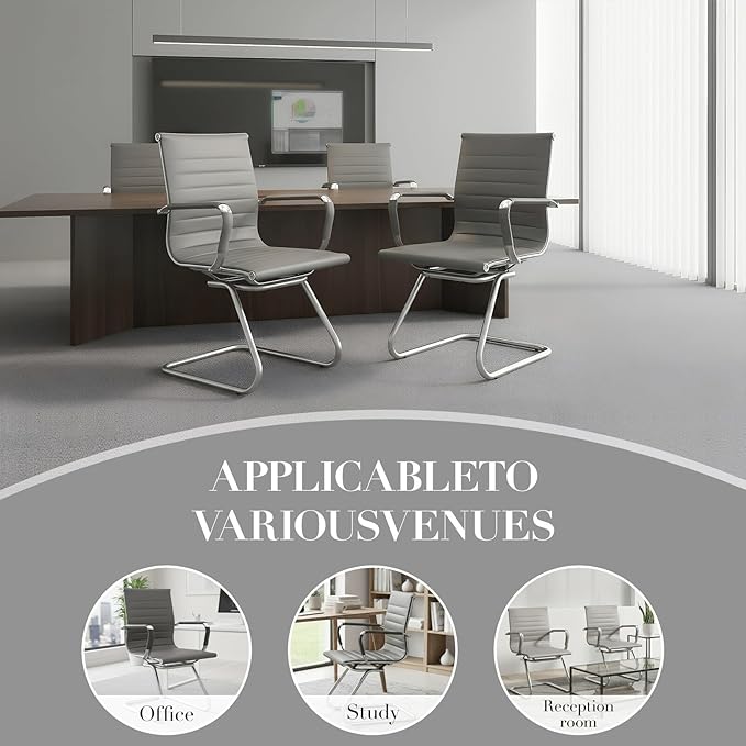 CIMOTA Waiting Room Chairs Leather Office Guest Chair Mid Back Reception Chairs with Sled Base for Meeting/Patient/Conference Room, Grey Set of 8