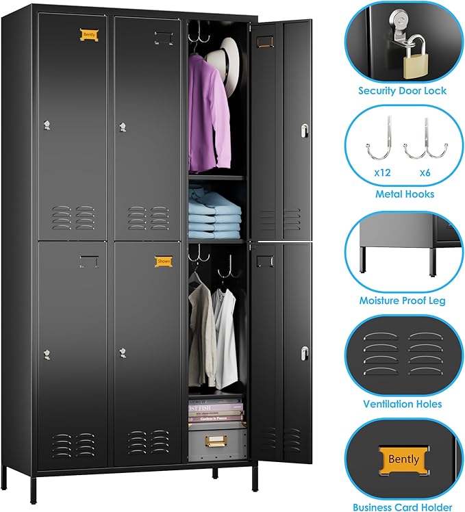 METAN Metal Locker for School Office Gym Bedroom,6 Doors Steel Storage Locker Cabinet for Employees,Industrial Storage Locker with 1 Shelves,Assembly Required (6 Door-Black)