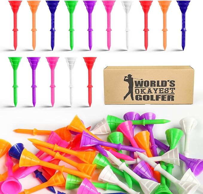 FINGER TEN Unbreakable Golf Tees Plastic 3 1/4 inch Value 50/100 Pack, Low Friction & Low Ball Spin Long Tees to Improve Distance & Accuracy, Durable Tees with Assorted Colors to Practice