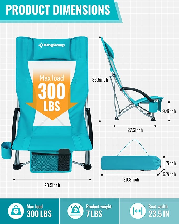 KingCamp Low Beach Chairs, Folding Portable Chair for Adults Lightweight Extra Wide Seat 300lbs Heavy Duty Oversized Backpack, Carry Bag for Camping