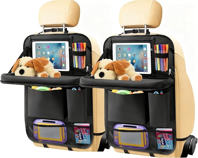 2-Pack Black Car Backseat Organizer, 10 Storage Pockets and Tablet Holder, Back Seat Organizer for Kids, Family Road Trip Essentials, Travel Accessories-Black