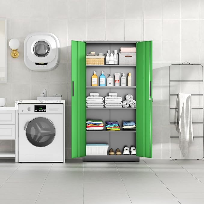 INTERGREAT Metal Storage Cabinet with Doors, 72" Locking Steel Storage Cabinet with Shelves, Tall Metal Cabinet Lockable Steel Cabinets for Home Office, Garage,(Black+Green)
