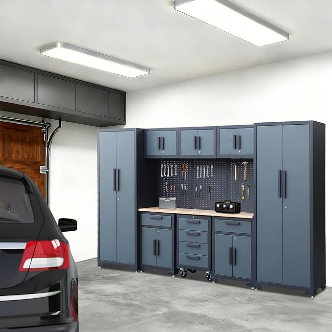 Garage Storage Cabinet System 9-Pcs Workshop Set Garage Cabinets and Storage System with Steel Drawers, Rolling Chest, Workbench, Pegboard for Tool Organization