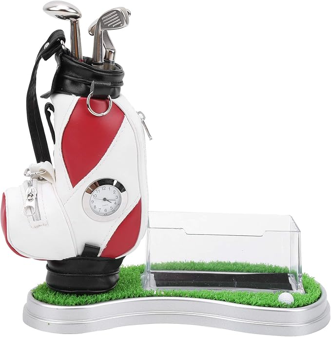 Golf Bag Pen Holder with Clock, Mini Golf Desk Decoration Set, Includes 3 Golf Ballpoint Pens and Card Case Kit, Perfect Golf Gift for Office or Club Match