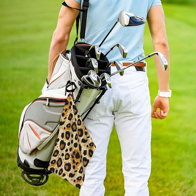 Classic Leopard Print Golf Towel Waffle Microfiber with Hook Detachable Clip 24x16in