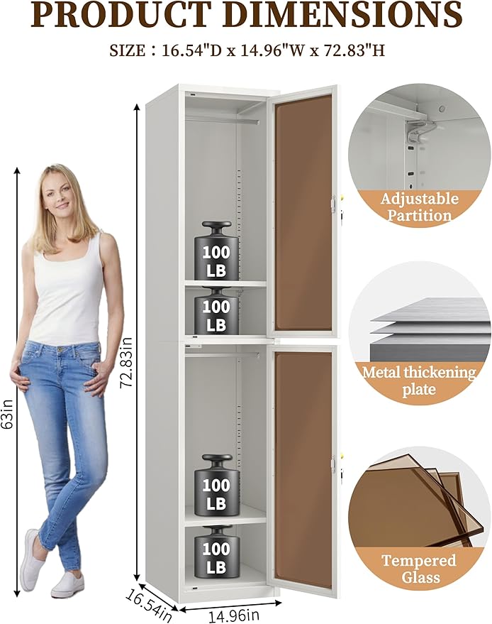 72.83" H Metal Locker 0rganizer for Employees with Lock, Amber Glass Door Cabinet,Lockable Lifetime Locker for Home, Office, Gym, School, Garage (Double Door, White)