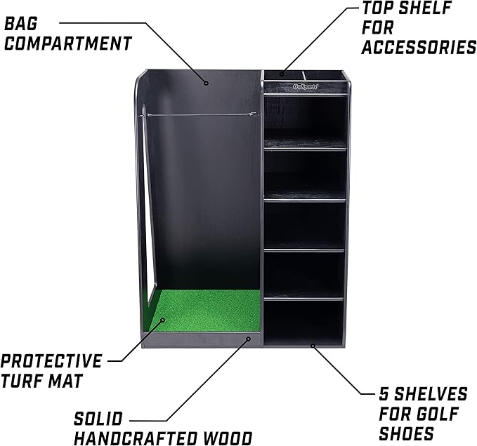 GoSports Premium Wooden Golf Bag Organizer and Storage Rack - Black, White or Brown Finish
