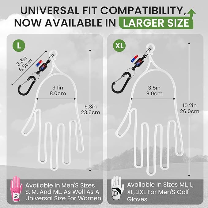 FINGER TEN Golf Gloves Stretcher Universal with Strong Magnetic Carabiner Clip 2 Pack, Durable Glove Support Plastic Holder Hanger Keeper Dryer, Size Large XL for Men Women