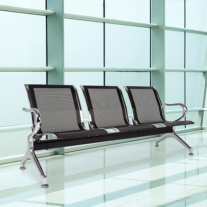 3-Seat Waiting Room Chairs - Waiting Room Bench with Arms Airport Reception Bench Guest Reception Chairs Lobby Bench Waiting Area for Airport Market Bank Hospital School Barbersho, Black