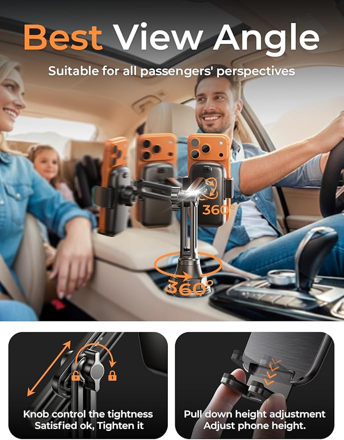 LISEN Upgraded Version Cup Holder Phone Holder 360° Adjustable Long Neck Car Phone Mount Golf Cart Phone Holder, Truck Jeep Accessories for iPhone 17 Air Pro Samsung Google and All 4-7'' Phone,Black