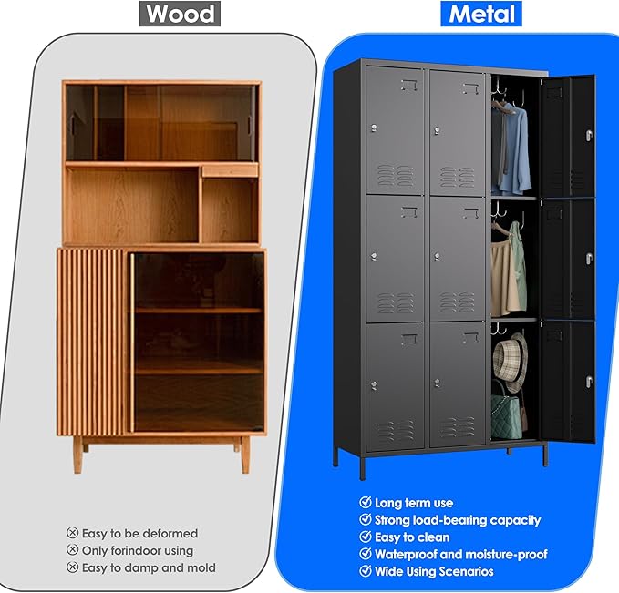 METAN Metal Locker for School Office Gym Bedroom,9 Doors Black Steel Storage Locker Cabinet for Employees, Industrial Storage Locker, Assembly Required (9 Door-Black)