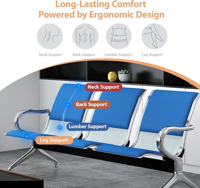 Kinfant Waiting Room Chairs with Arms – Blue PU Leather Back & Cushioned Seat Heavy-Duty Steel Frame, Ergonomic Office Reception Guest Chair for Lobby, Clinic, Airport