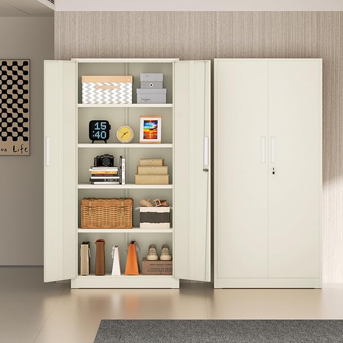 Incbruce 72” Metal Storage Cabinet, Locking Steel Storage Cabinets with 2 Doors and 4 Adjustable Shelves, Tall Lockable Tool Storages for Garage, Home, Office (Grey)