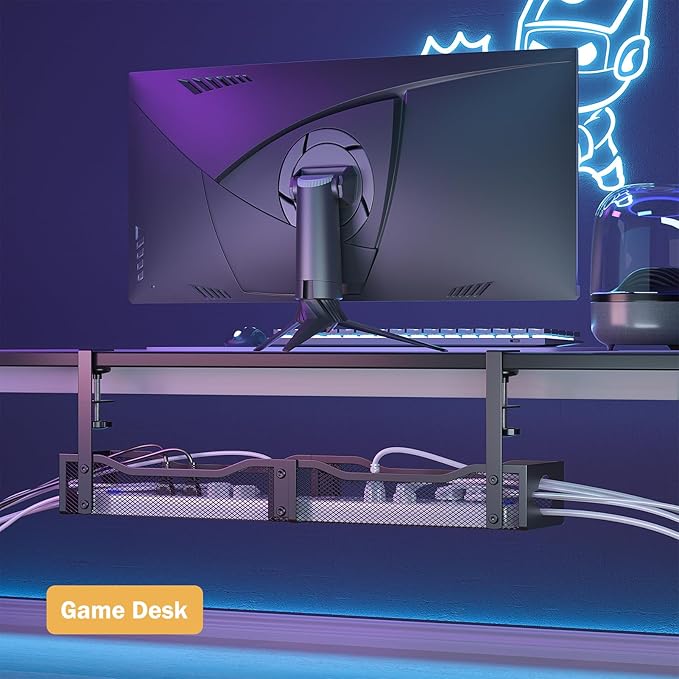 DELAMU 25'' Upgraded Under Desk Cable Management, No Dill Desk Cable Management with F-Clamp, Metal Cable Management Tray to Cord Organizer for Home Office, 1 Pack, Black