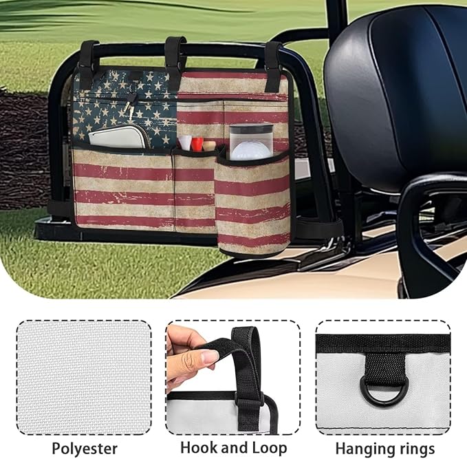 American Flag Golf Cart Bag, Golf Cart Rear Seat Organizer with Open Pockets for Golf Balls & Bottles