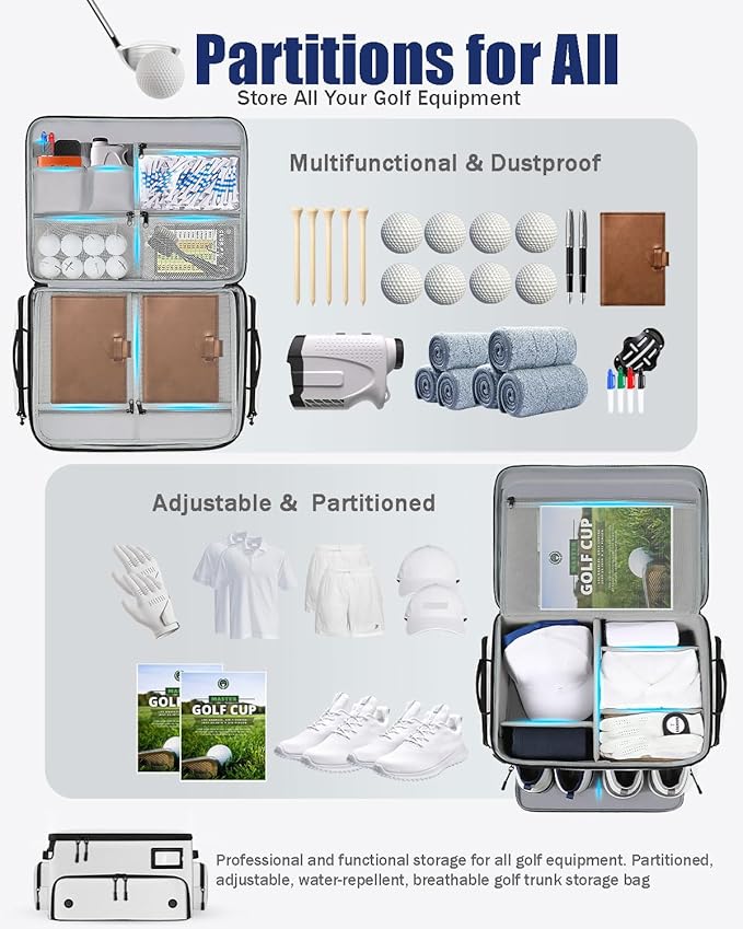 Golf Trunk Organizer, Waterproof Car Golf Locker with Separate Ventilated Compartment for 2 Pair Shoes, Golf Storage for Balls, Tees, Cap, Clothes, Gloves, Accessories, Gifts for Men, Women