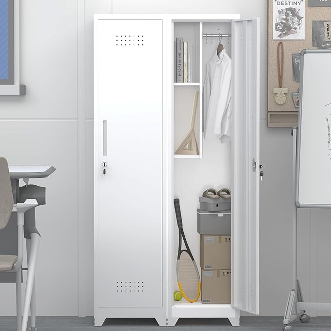 GREATMEET Broom Closet Storage Cabinet, Metal Utility Cabinet, Tall Laundry Room Cabinet, Slim Storage Cabinets for Laundry, Living Room, Office, White