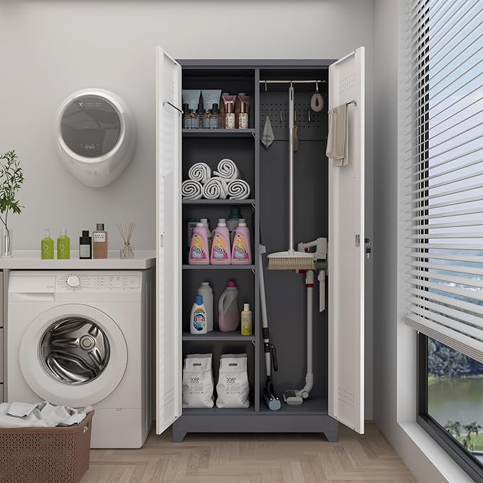 GREATMEET 72.8" H Metal Garage Storage Cabinets, Lockable Broom Closet Storage Cabinet with Doors and Shelves, Utility Cabinets for Storage Locker, Grey-White