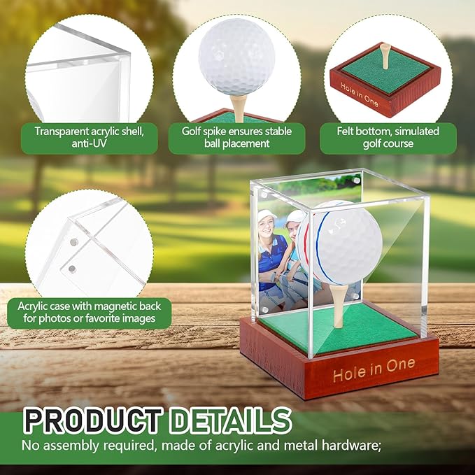 Wenqik Hole in One Golf Ball Display Case with Wood Base and Tee Golf Display Case Clea Ball Holder Stand Acrylic Transparent Storage Box for Single Dust UV Protection