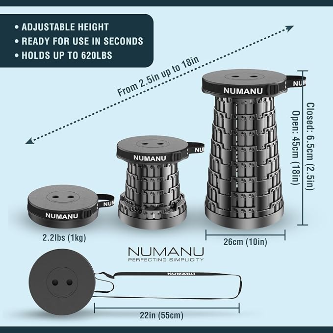 NUMANU 2PK 2025 Upgraded Collapsible Stool, Max 620lbs 2.5"-18" H Adjustable Portable Folding Stool for Adults, Retractable Foldable Telescopic Seat Camping Chair or Footrest (2PK Hard Seats)
