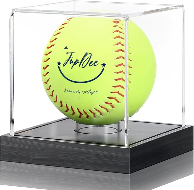 JupDec Softball Display Case Clear Acrylic Ball Holder, UV Protected Cube with Wood Base Stand, Championship Sports Collections Box Showcase, Black