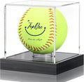 JupDec Softball Display Case Clear Acrylic Ball Holder, UV Protected Cube with Wood Base Stand, Championship Sports Collections Box Showcase, Black
