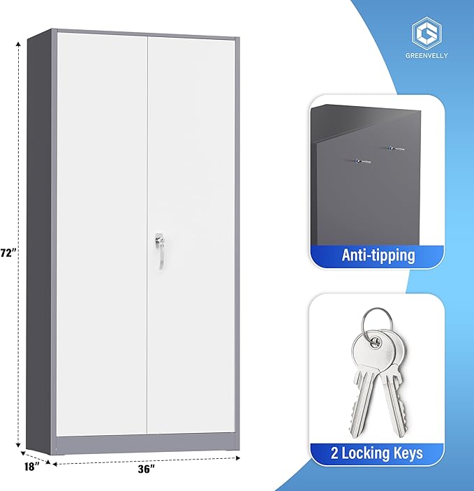 Greenvelly Metal Storage Cabinet with Doors and Shelves, 72'-Inch Locking Metal Cabinet for Garage, Office, School, Warehouse (White Gray)