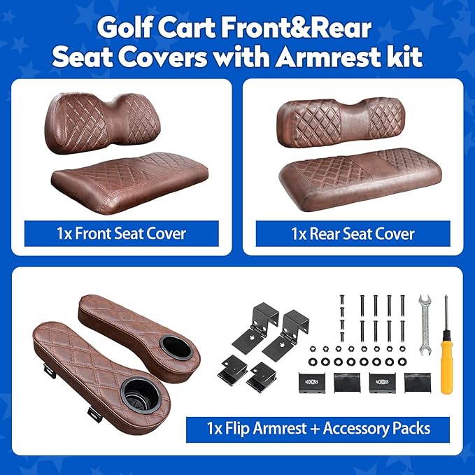 NOKINS Golf Cart Seat Covers for Club Car Precedent, Vinyl Front&Rear Seat Cover with Flip-Up Armrests kit, with Cup Holder, for 1" Square Tube(Brown&Brown 8438)