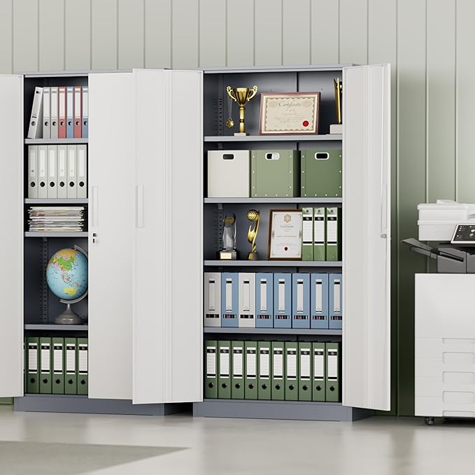 INTERGREAT Metal Storage Cabinet with Lock, 63" H Metal Cabinets Storage with 2 Doors and 4 Adjustable Shelves, Locking Garage Cabinet for Home Office, Kitchen, Bathroom (White Grey)