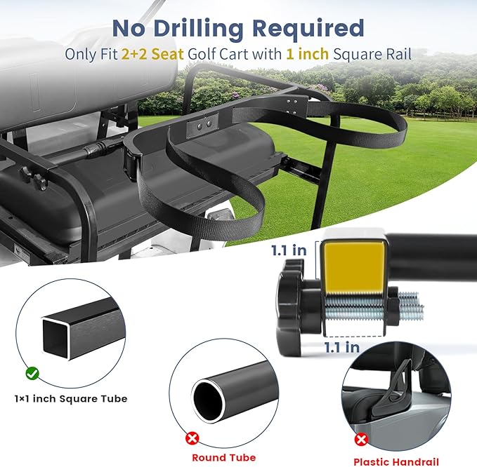 Golf Cart Bag Holder Bracket Upgraded Metal Attachment for 2+2 Rear Seat with 1 Inch Square Rail Golf Cart, No Drilling Required Golf Bag Rack for EZGO Club Car Yamaha Included All Hardware
