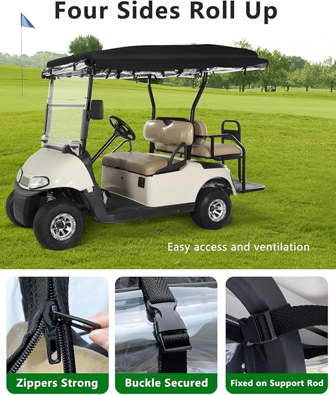 Golf Cart Enclosures 4 Passenger 80“ Extended Roof for Ezgo RXV,600D Clear Rain Cover Driving Enclosure 4 Seater,Full Roll Up 4 Sided Transparent Windows&Door Heavy Duty Zipper,Side Mirrors Openings