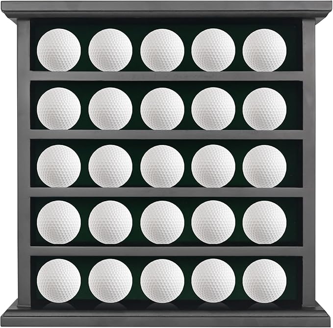 25 Golf Ball Display Case Wall Mounted -Black Golf Ball Holder with Green Velvet Backing, Anti-Fall Slots, No Assembly Needed for Golf Souvenirs & Collectibles