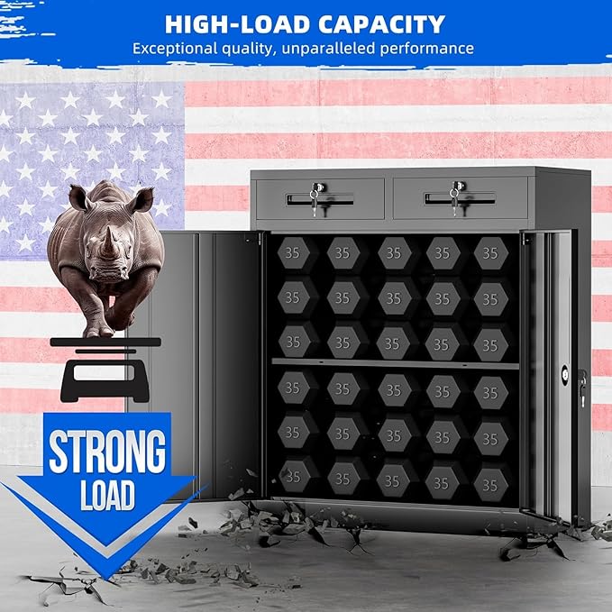 INTERGREAT Metal Garage Storage Cabinets with Lock,Steel Storage Cabinet with 2 Doors and 2 Adjustable Shelves, Small Lockable Office Steel Cabinet for Home, Warehouse, School(Black)