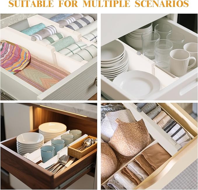 8 Pack 4" High Drawer Dividers, 11"-17" Expandable Drawer Organizer For Clothes, Dresser Drawer Organizer, Warm White Drawer Separators for Baby Clothes, Vanity, Cosmetic, Kitchen and Office Storage