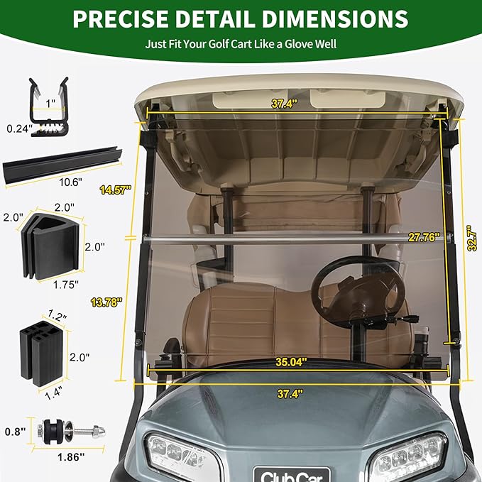 Golf Cart Foldable Windshield 3/16" (5MM) Thicken Only Fits Club Car Precedent 2004+, Tempo 2017+, Onward 2017+, 1"×1" Struts Rail Front Folding Acrylic Windshield Replacement - Tinted