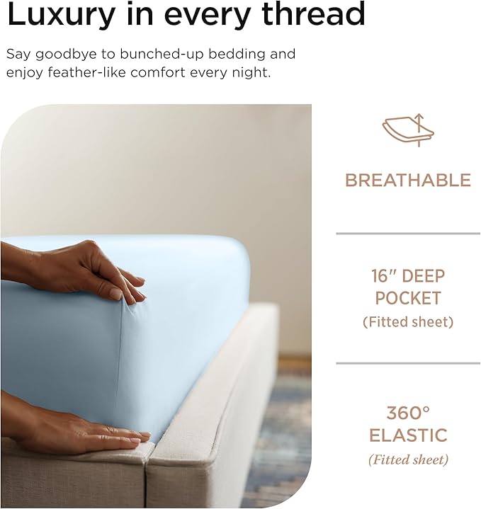 Threadmill Luxury 800 Thread Count Queen 100% Cotton Sheets - Light Blue Sateen Weave Bed-Sheets, Better Than Egyptian Cotton,4 Pc Solid Soft Bedding Set, Fits 16" Deep Pocket