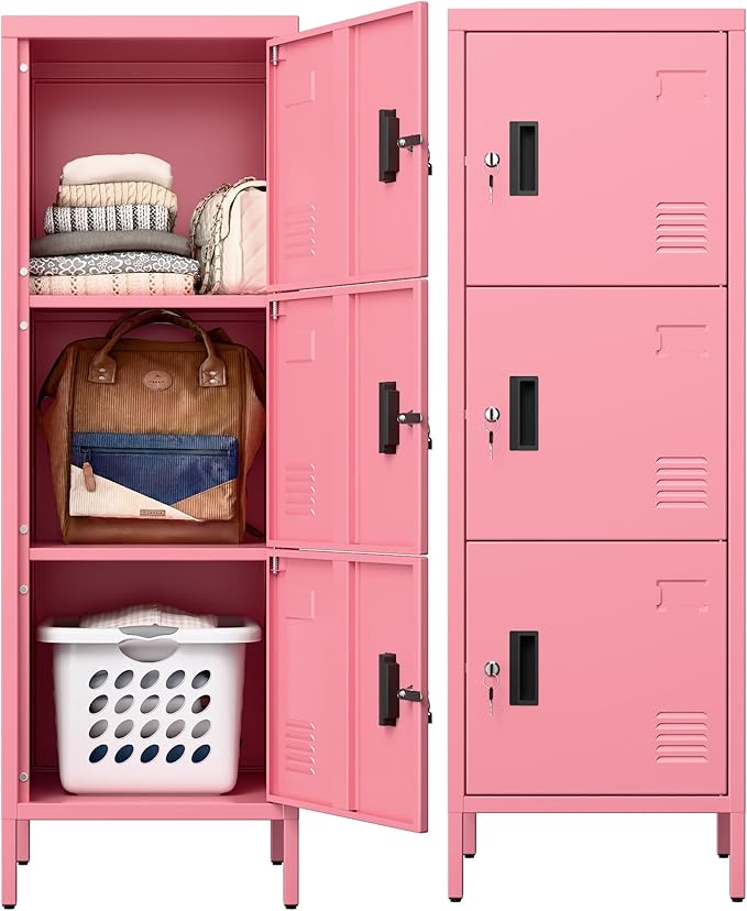 Aobabo Metal Locker, 16" W 3 Door Metal Storage Lockers for Employees with Lock and Name Card Holder for School, Home, Office, Playroom, Assembly Required, Pink