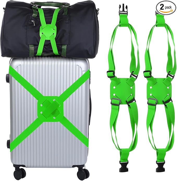 Adjustable Luggage Straps, Suitcase Elastic Strap Bag Bungee with Buckles Travel Accessories - Fitting for(Travel/Add A Bag/Securing Luggage), 27-66 Inch & 2Pcs & Green