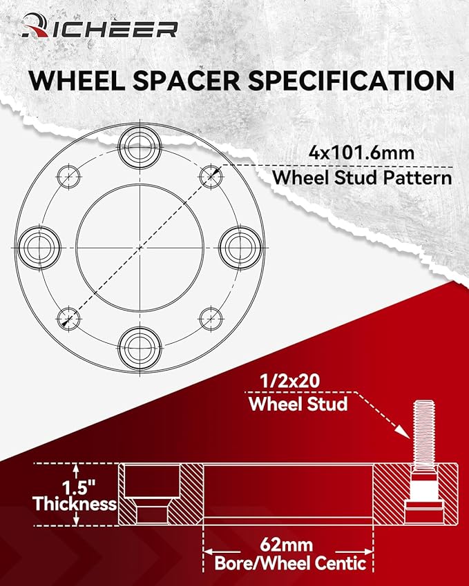 Richeer 4x4 Wheel Spacers for EZ GO EZGO Club Car Golf Carts and ATV Vehicles, 4 PCS 1.5 inch 4x101.6mm Wheel Spacers with 1/2 x20 Studs & 62mm Center Bore