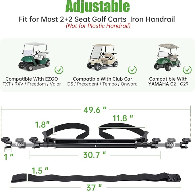 10L0L No Drilling Golf Cart Bag Holder, Universal Adjustable Rear Seat Bag Attachment for 2+2 Seater with 1” Square Metal Frame (Not for Plastic), Stainless Steel Bracket, Fits Yamaha,EZGO, Club Car