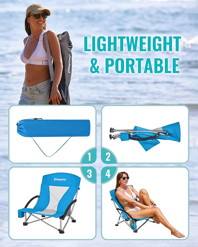 KingCamp Low Beach Chairs, Folding Portable Chair for Adults Lightweight Extra Wide Seat 300lbs Heavy Duty Oversized Backpack, Carry Bag for Camping