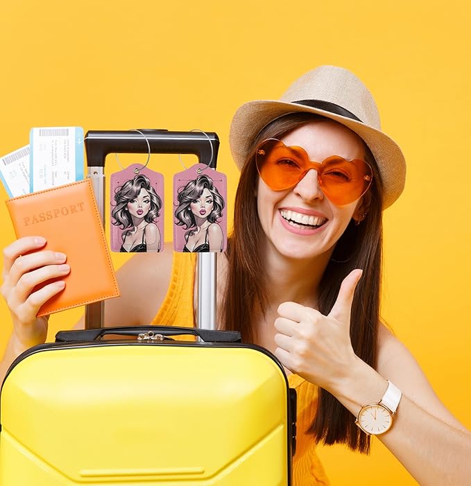TSA Approved Luggage Tags for Suitcases Girly Beautiful Woman 2 Pack Funny Leather Carnival Cruise Airport Cute Travel Name Tags Golf Bag tag Ships Essentials Privacy Cover ID Label for Women Men