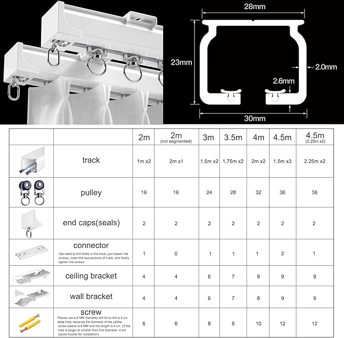 Ceiling Curtain Track Ceiling Mounted Curtain Rail for Curtains, Drapes, and Room Dividers Ceiling or Wall Mount Curtain Track Room Divider-Sliding Curtain Rail for Living room (white, 3m)