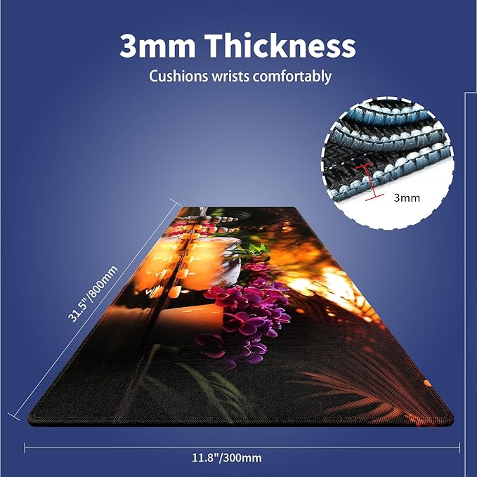 Wknoon. Extra Large Gaming & Office Mouse Pad (31.5" x 11.8") – Zen Zone Mindful Serenity Glowing Candles Orchid Whispers and Stone Harmony, Anti-Slip XXL Desk Mat with Durable Stitched Edges
