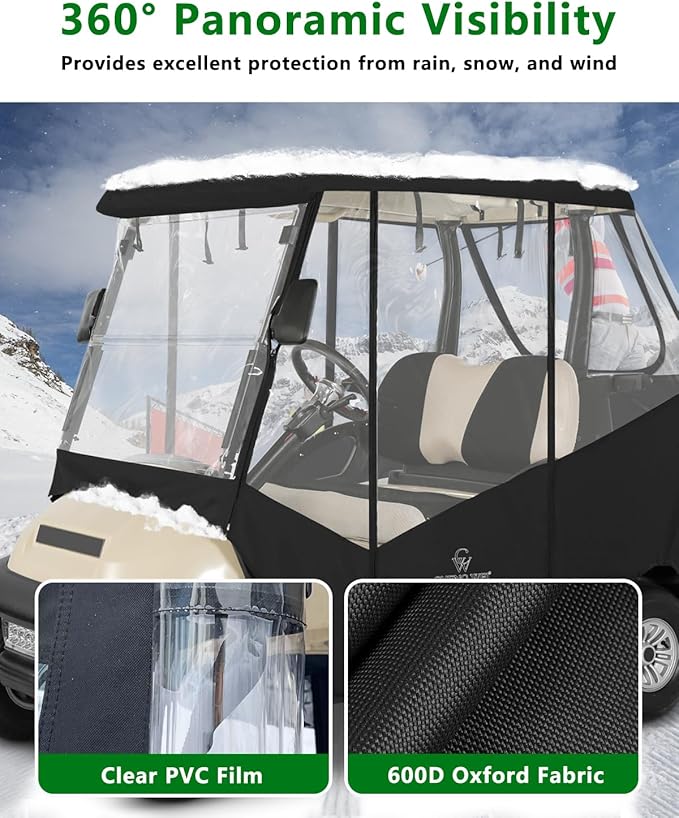 Golf Cart Enclosure 2 Passenger for Club Car Precedent Tempo Onward,600D Clear Rain Cover Driving Enclosure 2 Seater,Roll Up 4 Sided Transparent Windows&Door Heavy Duty Zipper,Side Mirrors Openings