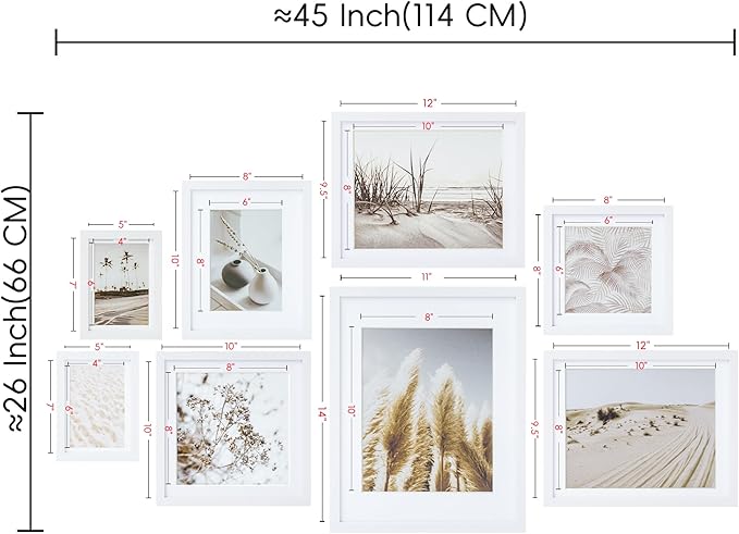 ArtbyHannah Gallery Wall Frame Set, 8 Pack Picture Frames Collage Wall Decor with Neutral Pampas Grass Art for Living Room, Assorted Size Including 11"x14", 8"x10", 5"x7"(White Frame)