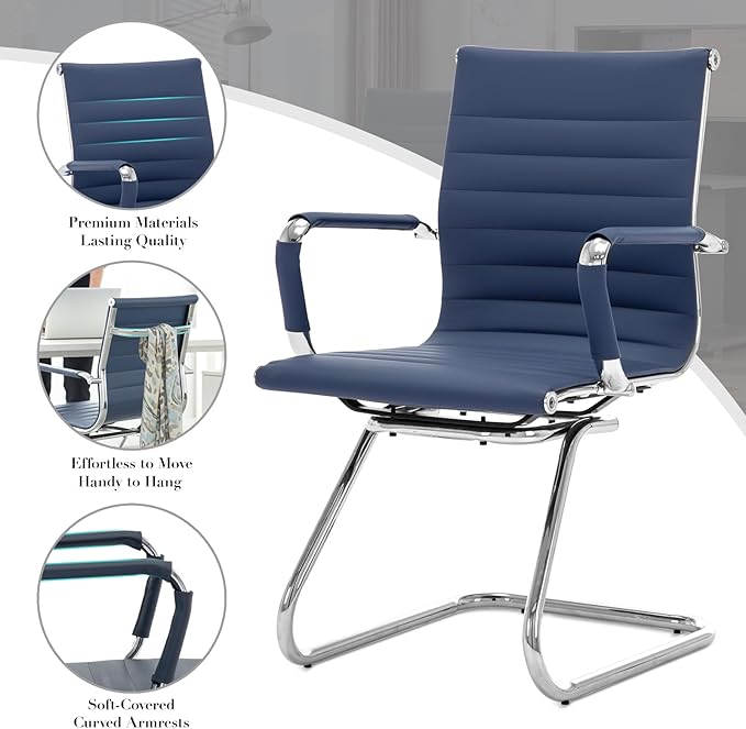 CIMOTA Waiting Room Chairs Leather Office Guest Chair Mid Back Reception Chairs with Sled Base for Meeting/Patient/Conference Room, Navy Set of 4