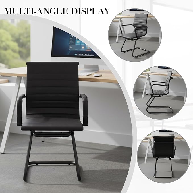 CIMOTA Waiting Room Chairs Leather Office Guest Chair Mid Back Reception Chairs with Sled Base for Meeting/Patient/Conference Room, Retro Black Set of 4