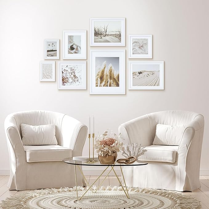 ArtbyHannah Gallery Wall Frame Set, 8 Pack Picture Frames Collage Wall Decor with Neutral Pampas Grass Art for Living Room, Assorted Size Including 11"x14", 8"x10", 5"x7"(White Frame)